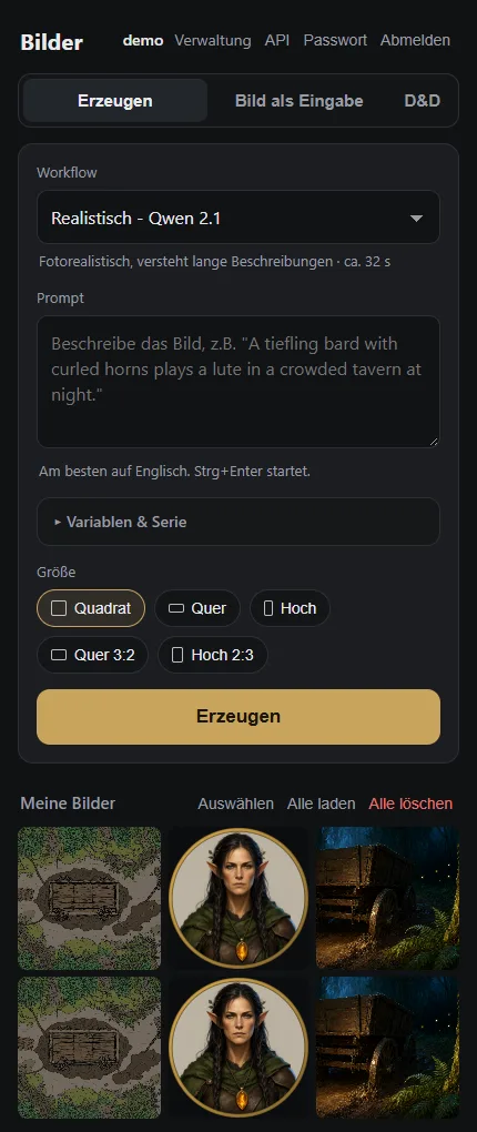 Web-App von ImageGen auf dem Handy mit Workflow-Auswahl und eigener Galerie