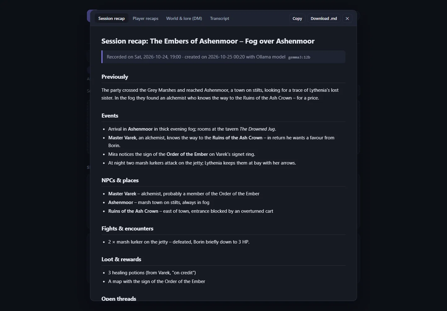 Finished session recap with story, NPCs and places, fights and loot